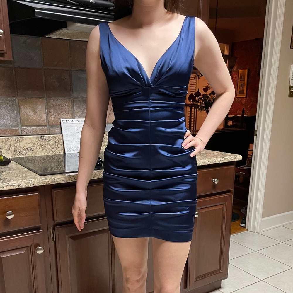 XScape Blue Ruched Cocktail Dress